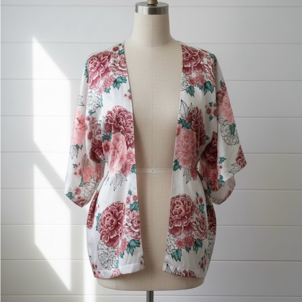 Cotton On Body Peony Floral Print Satin Robe Kimono Duster S/M Romantic Boho EUC